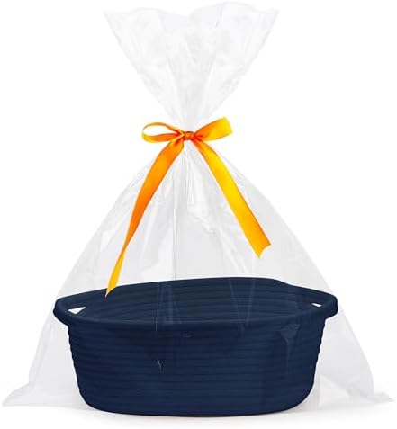 Pro Goleem Small Woven Basket with Gift Bags and Ribbons Durable Baskets for Gifts Empty Small Rope Basket for Storage 12"X 8" X 5" Baby Toy Baskets with Handles, Navy Blue by ProGoleem