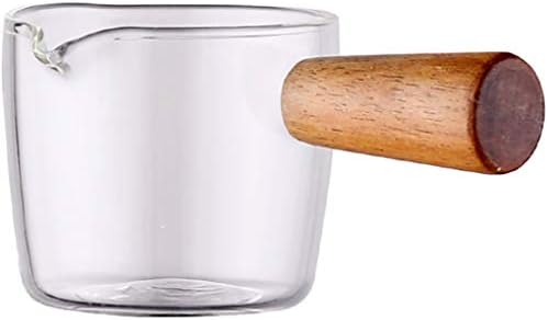 Espresso Shot Glass with Wood Handle, 3-Ounce Milk Cup Jug Cream Pitcher, Shot Glasses Espresso Parts Heat Resistant Glass Creamer for Coffee Tea or Maple Syrup Serving by Goeielewe