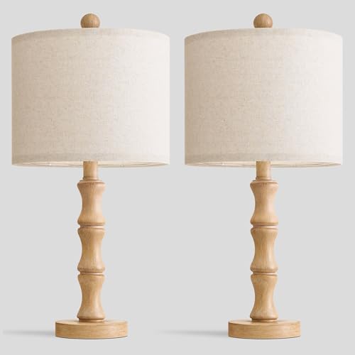 BOBOMOMO 20.5" Farmhouse Table Lamps Set of 2, Rustic Nightstand Lamps with Wood Grain Resin Base & Linen Shade, Small Bedside Lamps for Bedroom, Living Room, Apartment Side Table & Small Spaces - Image 6