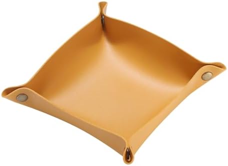 HARFINGTON PU Leather Valet Tray Unisex Folding Small Catchall Tray Portable Entryway Table Tray Nightstand Bedside Desk Tray for Key Wallet Watch Coin Jewelry Dice, Yellow - Image 3
