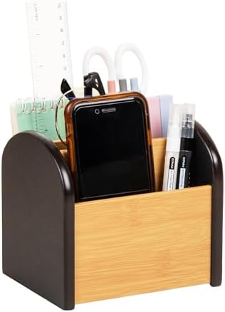 Mind Reader Desktop Organizer with 3 Compartments, Natural Wood and Matte Finish Sides, Compact Desk Storage, Wood, Black by MindReader