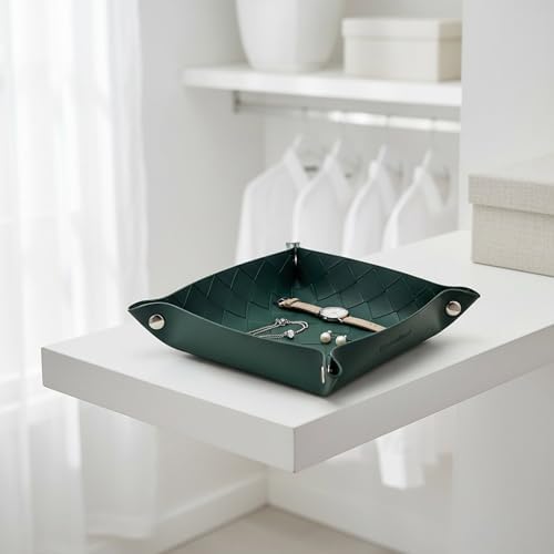 UnionBasic Small Valet Tray, Jewelry Tray for Rings Watches Earrings, Entryway Catchall Caddy for Coins Keys Change, Nightstand Bedside Valet Holder, Trays for Electronic Gadgets, Woven Vintage Green - Image 6