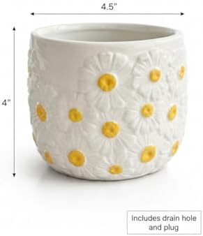4.5 Inch Ceramic Planter Pot with Drainage Hole-Indoor Outdoor Flower Pot for Houseplants, Succulents & Flowers, Home Decor, Daisy Pattern - Image 4