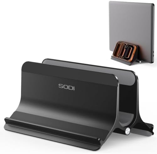 SODI Vertical Laptop Stand Holder for Desk Compatible with MacBook Air, MacBook Pro Stand Vertical Aluminum Up to 17 inch, Gravity Auto-Lock Cooling, 3-in-1 Space Saving Desk Organizer Accessories by SODI