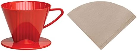 Fino Pour-Over Reusable Coffee Brewing Cone Plus 100 Disposable Unbleached Paper Filters, Number 2-Size, Red by Fino