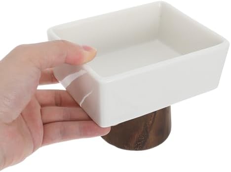 HOMSFOU White Ceramic Jewelry Tray with Wooden Base for Home Storage - Image 4