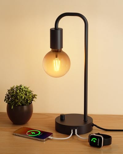 ONEWISH Industrial Table Lamp with 2 USB Port, Fully Dimmable Nightstand Bedside Lamps for Bedroom,Desk Lamps with 2700K Black Gradient Bulb for Reading Living Room,Office by onewish