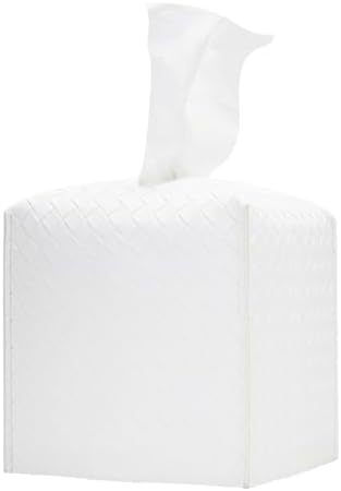 HOMOTEK 1 Pack Tissue Box Cover, Square PU Leather Tissue Holder, Decorative Facial Tissue Cube Paper Organizer Dispenser for Bathroom, Night Stands, Desk, Car 5X5X5'' - Woven Waffle, Pure White by HOMOTEK