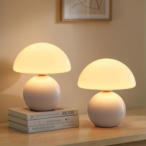 NIORSUN Wireless Mushroom Lamp Set of 2,Table Lamp for Bedroom, Portables Cordless Lamps,Wireless Light,Bedside Table Lamp for Living Room,Mini Mushroom 5200mAh Battery Operated Lamps Modern (White) by NIORSUN