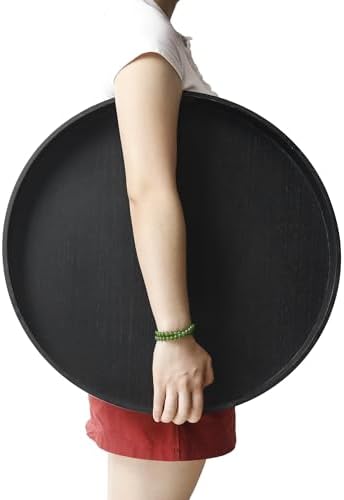 19.6" Extra Large Round Wooden Decorative Tray with Handles,Black by Unknown