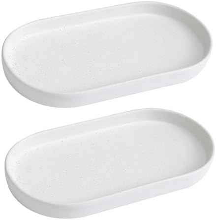 2 Pack Speckled White Round Soap Dispenser Tray - 8'' Ceramic Vanity Tray & Organizer Plate Set, Bathroom & Kitchen Countertop Decor for Soap Dispenser, Jewelry, Cosmetics, Sink by Eyrozia