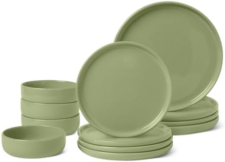 Amazon Basics Glazed Stoneware Dinnerware, 12-Piece Set, 4 Full Place Settings, Microwave and Dishwasher-Safe, Olive by AmazonBasics