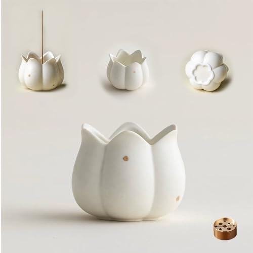 Hermit Life Incense Burner with 9 Holes Stick Holder, Lotus Bud or Tripod Ding Shape Design and Matte Ceramic Surface for Home Décor, Incense Stick Holder with Ash Catcher (White Lotus Bud) by HermitLife