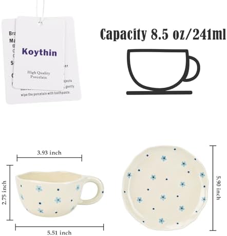 Koythin 8.5oz Handmade Ceramic Mug With Saucer, Dot Blue Flower Latte Cup - Image 2