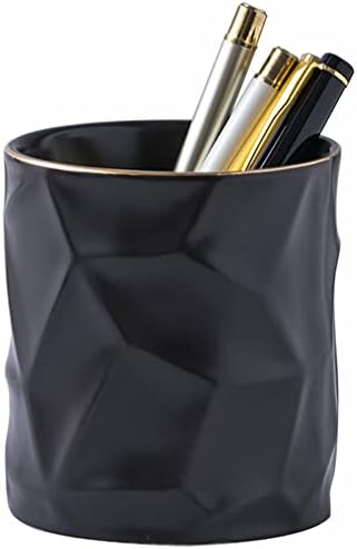 Ceramic Irregular Round Pen Holder For Desk Cute Stand Gold Line Aesthetic Pencil Cup Pot Desk Organizer for Men Women Makeup Brush Holder (Black) by YOSCO