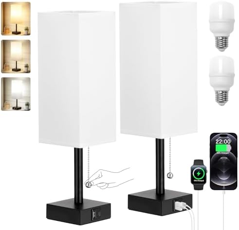 Set of 2 White Bedside Table Lamps for Bedroom - Nightstand Lamp, USB C+A by Aooshine