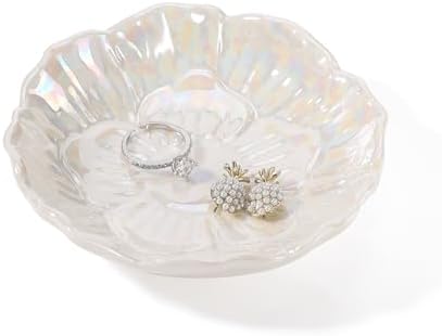 Flower Ring Dish Holder,Jewelry Dish Tray,Small Trinket Tray,Jewelry Plate Bowl,Key Bowl,Decorative Plate,Mothers Day Birthday Gifts for Women Mom Friends,Ceramic Pearl White by YZMICSTAR