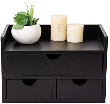 Rustic Distressed white 3-Tier Wood Desk Organizer with 3 Drawers Mini Storage Shelf For Desk, Toiletries Vanity Office Supplies (Black) by VERGOODR