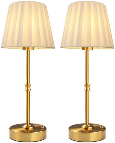 EppieBasic Cordless Table Lamp Rechargeable: Fast Charging & Long Lasting - 2700K Warm Light Vintage Gold Lamps - Dinning Living Room Bedroom - Pleated Shade - 2 Pack by EppieBasic