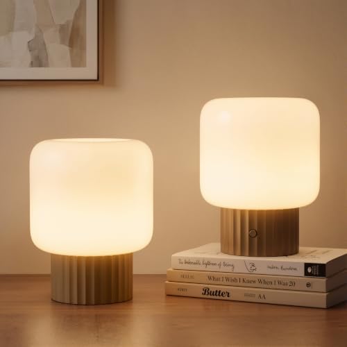 VOLISUN Mushroom Lamp, Cordless Rechargeable Table Lamp with Glass Shade, 3 Color Temperatures & Stepless Dimming, 5200mAh, Touch Control Bedside Lamps for Living Room, Bedroom, 2 Pack (Brown) by VOLISUN