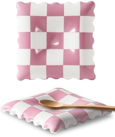 Ceramic Spoon Rest, Pink Checkered Spoon Rest for Stove Top, Large Spoon Holder, Spoon Rest for Kitchen Counter, Coffee Accessories for Housewarming& Coffee Station by Swkien