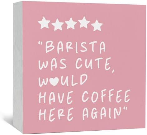Pink Coffee Bar Accessories - Would Have Coffee Here Again Wooden Box Signs, Bar Decorations For Home, Pink Wood Sign Home Decor For Kitchen Desk Table Shelf 5x5 Inch by Nitelat