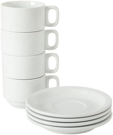 Gibson Home Gracious Dining 7-Ounce Cappuccino Cups Set of 4, Stackable Coffee Cups with 4 Saucers, Metal Stand, Coffee Mugs for Latte, Café, Mocha, Tea - Image 5