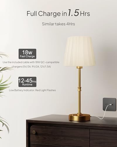 EppieBasic Cordless Table Lamp Rechargeable: Fast Charging & Long Lasting - 2700K Warm Light Vintage Gold Lamps - Dinning Living Room Bedroom - Pleated Shade - 2 Pack - Image 3