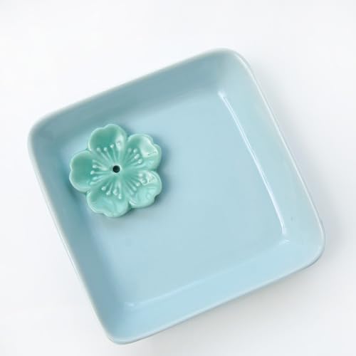 Japanese Ceramic Handmade Cute Cherry Blossom Incense Stick Holder or Incense Burner Holder, Simply Unique Ash Catcher Inscent Tray and Decorative Gift, Home Decor 4.49 inches, Square Blue - Image 3