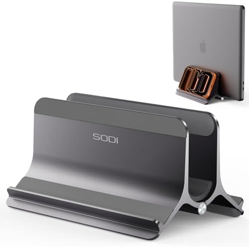 SODI Vertical Laptop Stand for Desk, Aluminum Laptop Holder Compatible with MacBook Pro, MacBook Air Stand Up to 17 inch, Gravity Auto-Lock Cooling, 3in1 Space Saving Desk Organizer Accessories, Gray by SODI