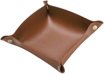 HARFINGTON PU Leather Valet Tray Unisex Folding Small Catchall Tray Portable Entryway Table Tray Nightstand Bedside Desk Tray for Key Wallet Watch Coin Jewelry Dice, Brown - Image 3