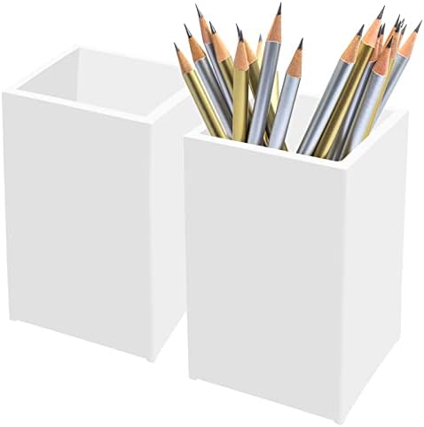 White Acrylic Pencil Pen Holder Cup 2 Pack,Desk Accessories Holder,Makeup Brush Storage Organizer,Modern Design Desktop Stationery Organizer for Office School Home Supplies,2.6x 2.6x 4 inches by Cerpourt