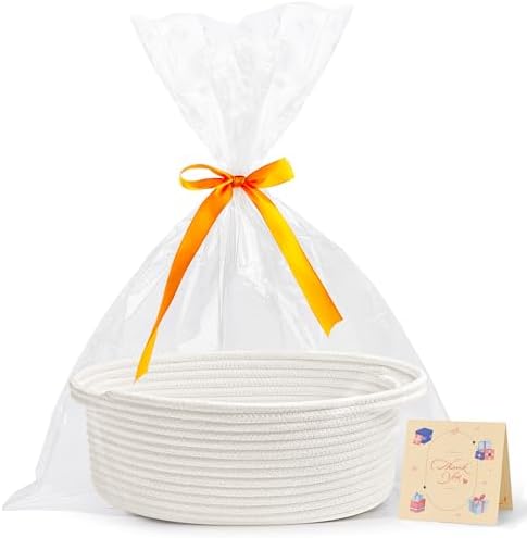 Pro Goleem Small Woven Basket with Gift Bags and Ribbons Durable Baskets for Gifts Empty Small Rope Basket for Storage 12"X 8" X 5" Baby Toy Bin with Handles, White by ProGoleem
