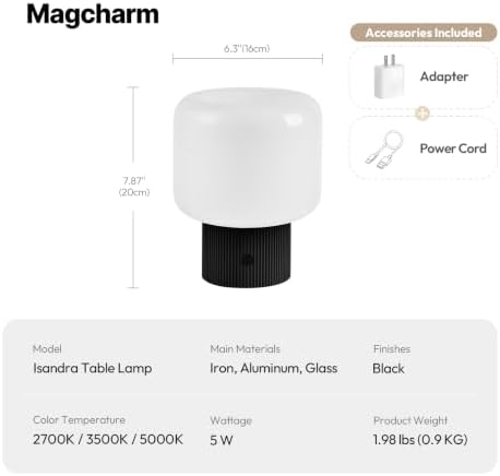 MAGCHARM Halo Mushroom Lamp, 5W Cute Cordless Rechargeable Table Lamp with Glass Shade, 3 Color Temps LED Dimmable Ambient Lighting, Small Retro Touch Bedside Light for Bedroom Decor, Black - Image 2