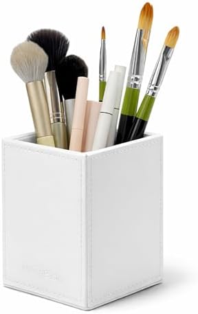 UnionBasic Square Pen Holder, Leather Pencil Cup, Desktop Caddy Stationery Organizer, White by UnionBasic
