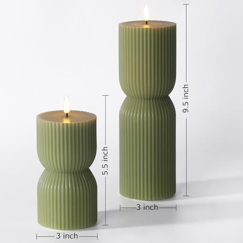 Olive Green Ribbed Flameless Pillar Candles with Remote Set of 2 - Image 2