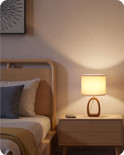 Small Table Lamp, 14.2" Cute Little Desk Lamp, Wood Bedside Lamp with White Linen Lampshade & Dark Pearwood Base, Modern Nightstand Lamp for Bedroom, E26 Base, Bulb Not Included, LW07TL05 - Image 3