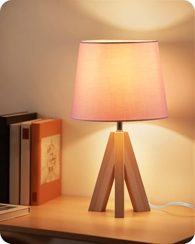Pink Table Lamp, Small Tripod Table Lamp, Boho Bedside Lamp with Pink Linen Shade & Wood Base, Modern Nightstand Lamps, Little Cute Desk Lamp for Girls Room, Kids Room, Bedroom, P51TL05 by GOEBLESON