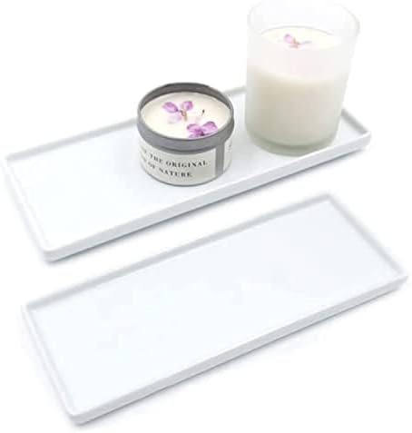 Ceramic Candle Tray - Small Rectangle, White Marble Organizer for Candle, Soap, Jewelry, Perfume, Towel Holder - Decorative Tray for Bathroom, Kitchen, Counter, Restroom (2 Pack) by Floatant