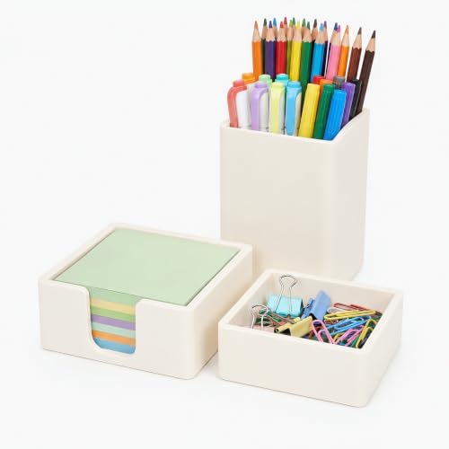 RAWILL Wood Desk Organizer Set with Sticky Note Holder, Pencil Pen Cup & Paper Clip Storage (Beige Silicone) by RAWILL