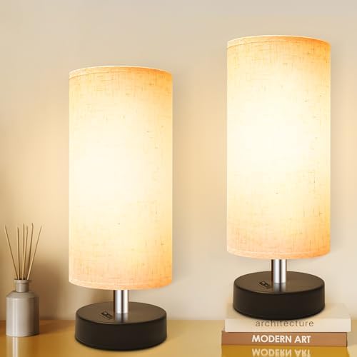 DEGNJU Bedside Table Lamp, Mini Minimalist, Flaxen Fabric Shade, 2 Pack by DEGNJU