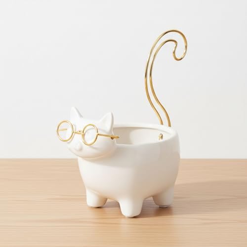 Ceramic Jewelry Dish & Trinket Tray – Ring Dish and Catchall for Everyday Accessories, Vanity or Nightstand Display – Cat Silhouette Decorative Tray Accent, Home Decor – 6", White & Gold by NESSANDJORD