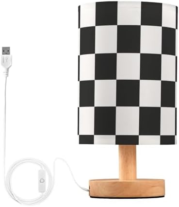 ALAZA Black White Checkered Lamp for Girls Boys Bedroom Bedside Table Lamp with USB Port LED Kids Nightstand Lamp Wood Base Desk Living Room Decor by ALAZA