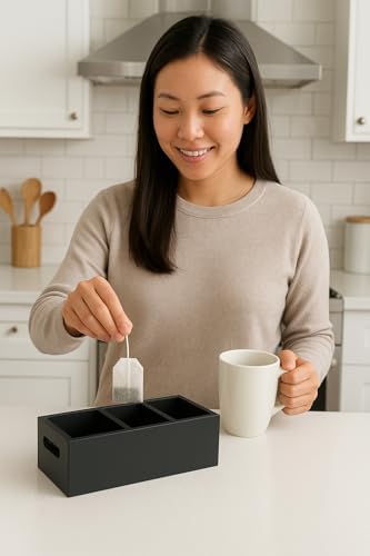 Moldie Multi-Purpose Matte Black Wood Organizer - 3 Compartment Solid Pine Tray for Office Desk Small Supplies, Luxury Tea Bag and Sugar Packet Caddy for Kitchen Countertop & Coffee Station - Image 6