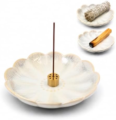 Pinehaven White Lotus Incense Holder – 5.5 Inch Hand-Sculpted Ceramic Ash Catcher with Brass 9-Hole Insert for Sticks, Cones, Sage – Zen Home Décor, Meditation Gift (White) by Unknown