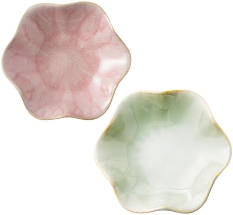 2Pcs Ceramic Jewelry Dish - Lotus Leaf Shape, for Ring Holder Necklace Small Key, Suitable for Mother Friend Sister, Gifts for Women, Cute Plate Trinket Tray, Home Decor (Pink & Green) by Koyzsen