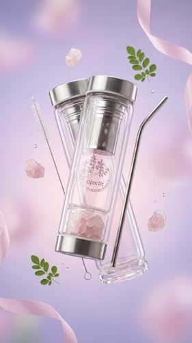 Tea Infuser Bottle - 12oz Double Wall Glass Tumbler with Stainless Steel Filter & Rose Quartz Crystal - Leakproof with Straw - Image 3