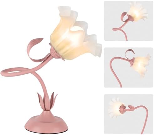Cute Flower Desk Lamp, 3 Color Temperature Table Lamps with LED Bulb, Vintage Bedside Lamp, Reading Lamps with Soft Light for Bedroom, Living Room（Pink） by Fuzzbopn