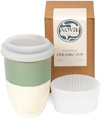 NOVA CERAMICS Travel Mug - Ceramic To Go Coffee Mug With Lid – Travel Mug Ceramic To Go Cup – Microwave & Dishwasher Safe Ceramic Coffee Mug With Lid - Gifts For Women Men Him Her – 12oz – Sage Green by NovaCeramics