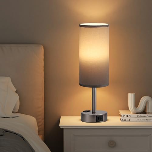 Fenmzee Grey Bedside Lamp for Bedroom, Dimmable Touch, USB A+C, AC Outlet - Image 6